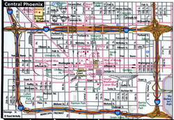 Map of downtown Phoenix with routes for trucks