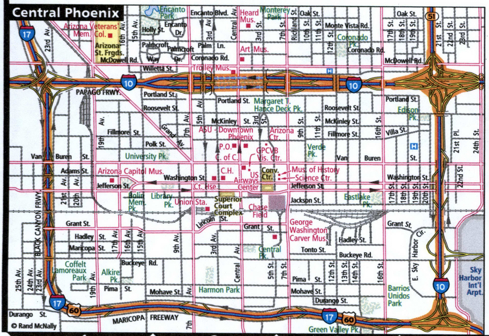 Map of downtown Phoenix with routes for trucks