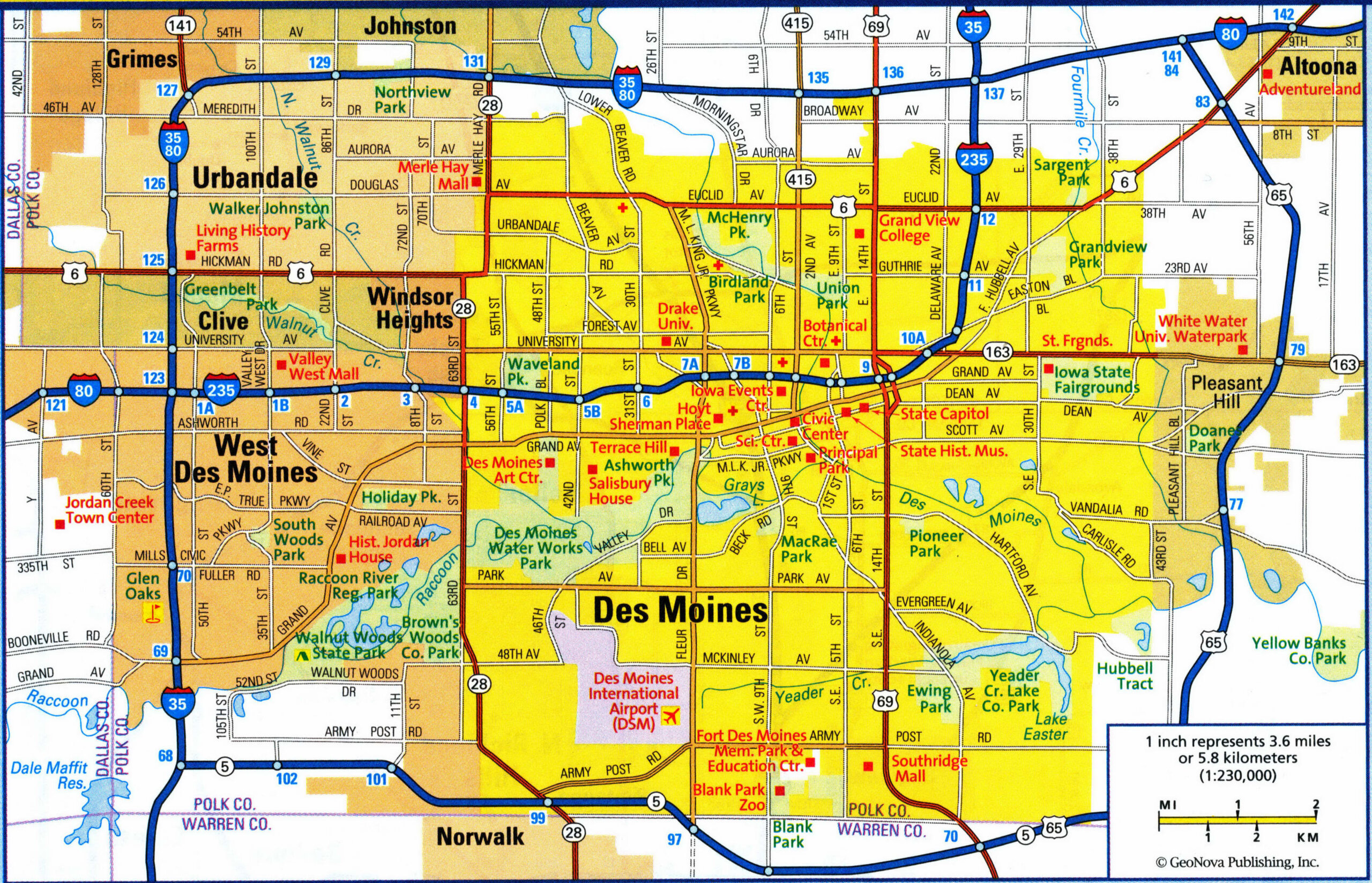Des Moines IA tourist map with points of interest