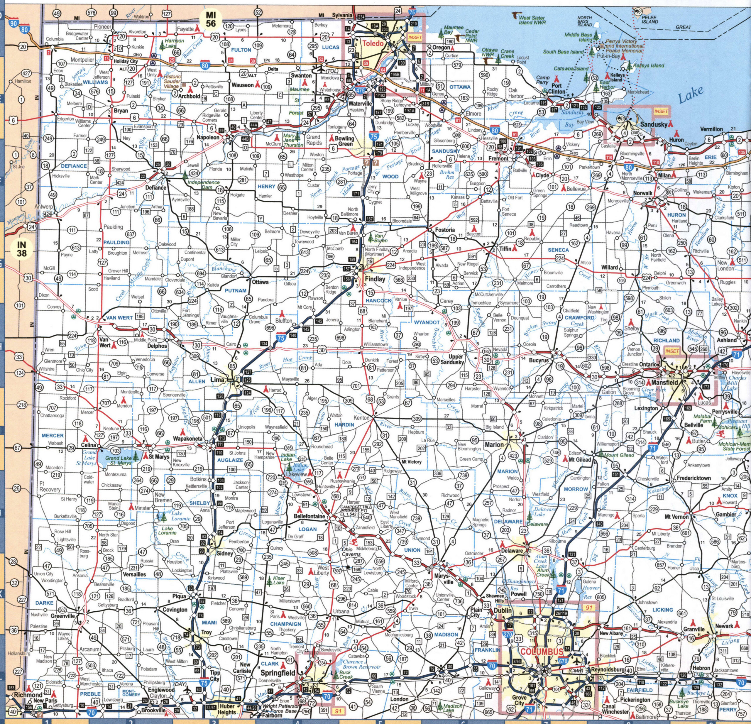 Detailed map of the northwest of the state of Ohio with cities and roads