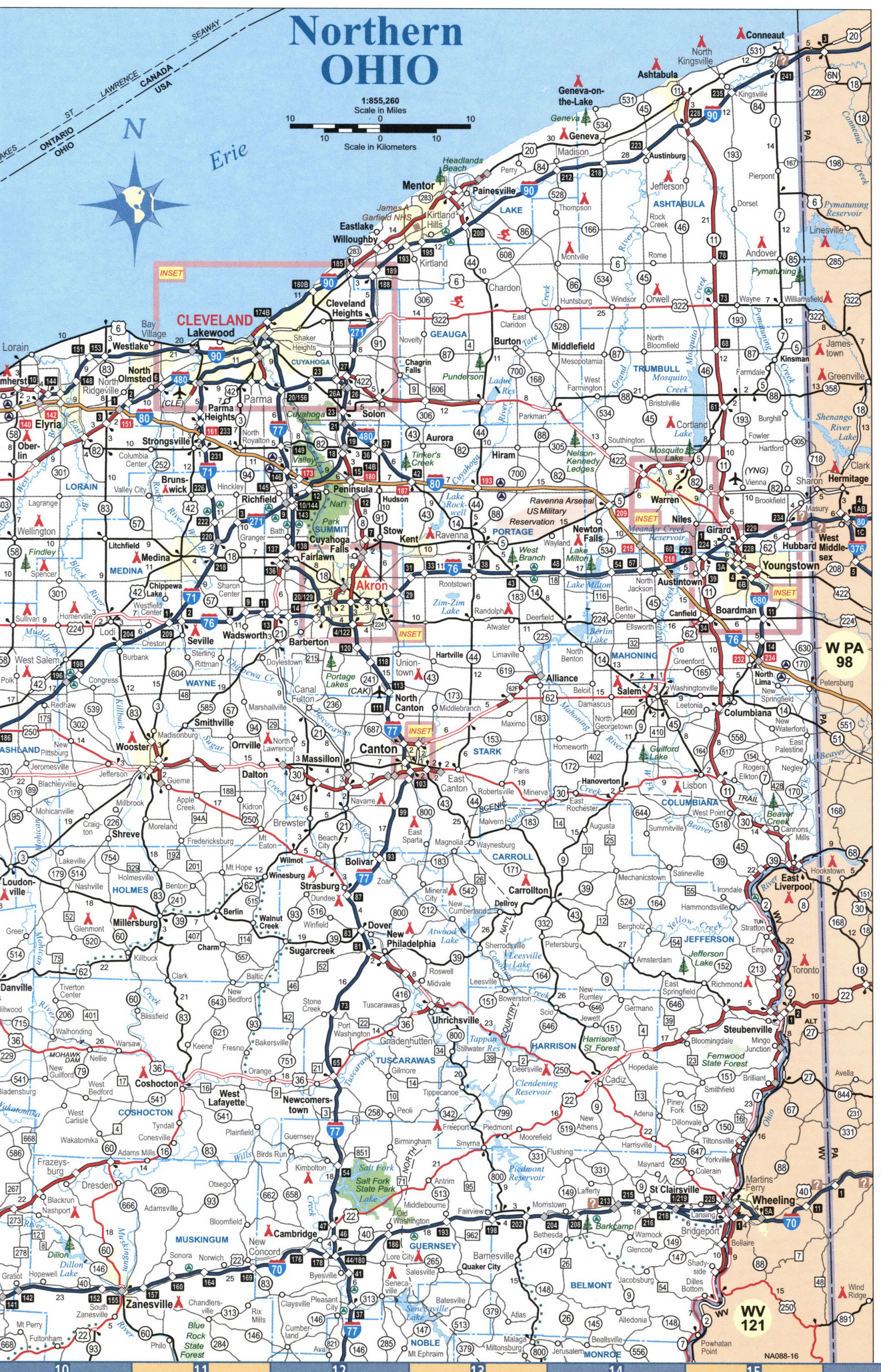 Map of the northeast of the state of Ohio with cities and towns