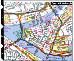 Downtown Pittsburgh with roads for truckers