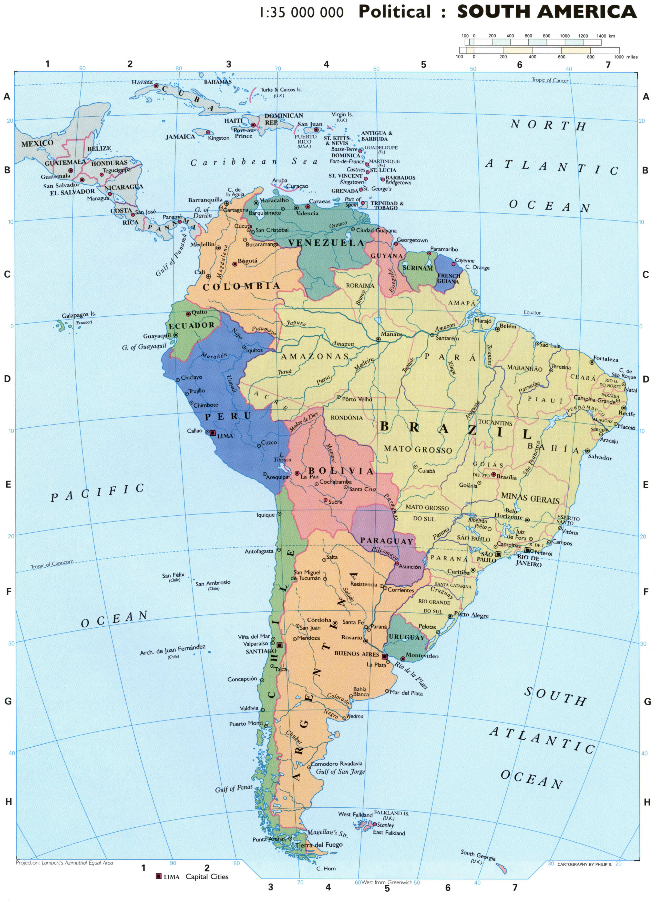 Political map of South America with capitals