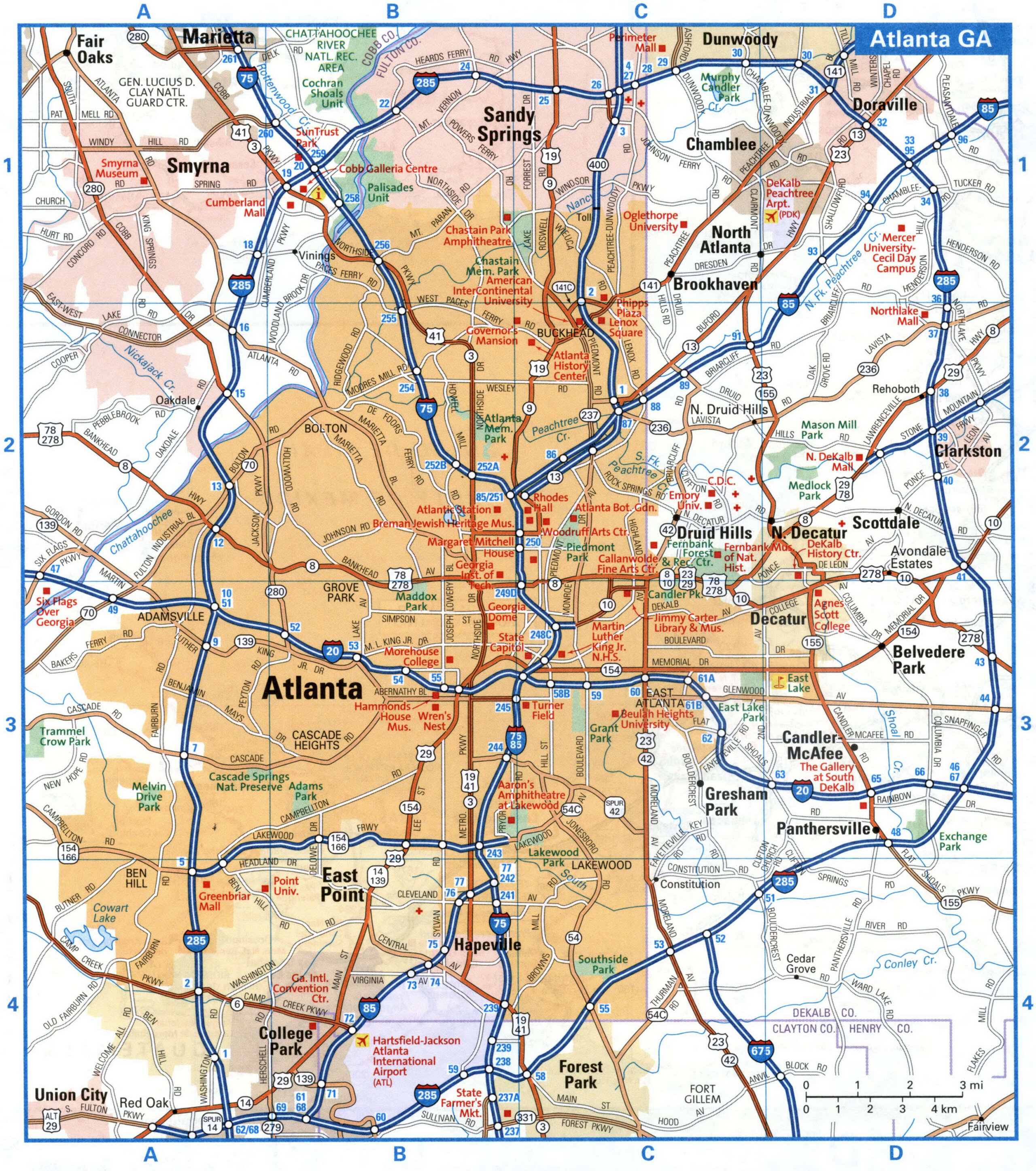Atlanta city road map with attractions<br />Atlanta GA tourist map with points of interest