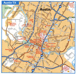 Tourist map of the streets of Austin, Texas with attractions<br />Austin TX tourist map with points of interest