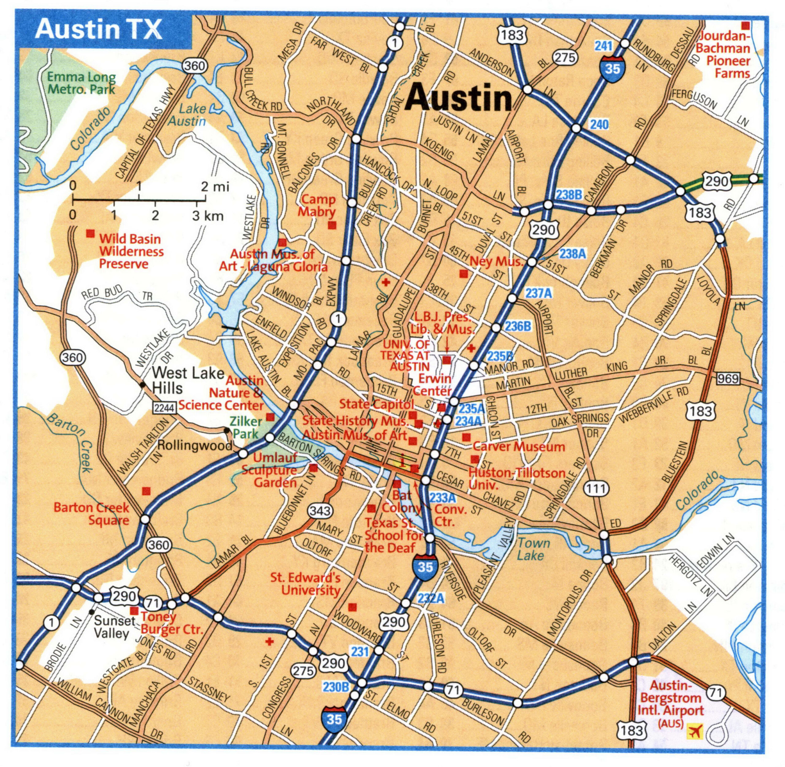 Tourist map of the streets of Austin, Texas with attractions<br />Austin TX tourist map with points of interest