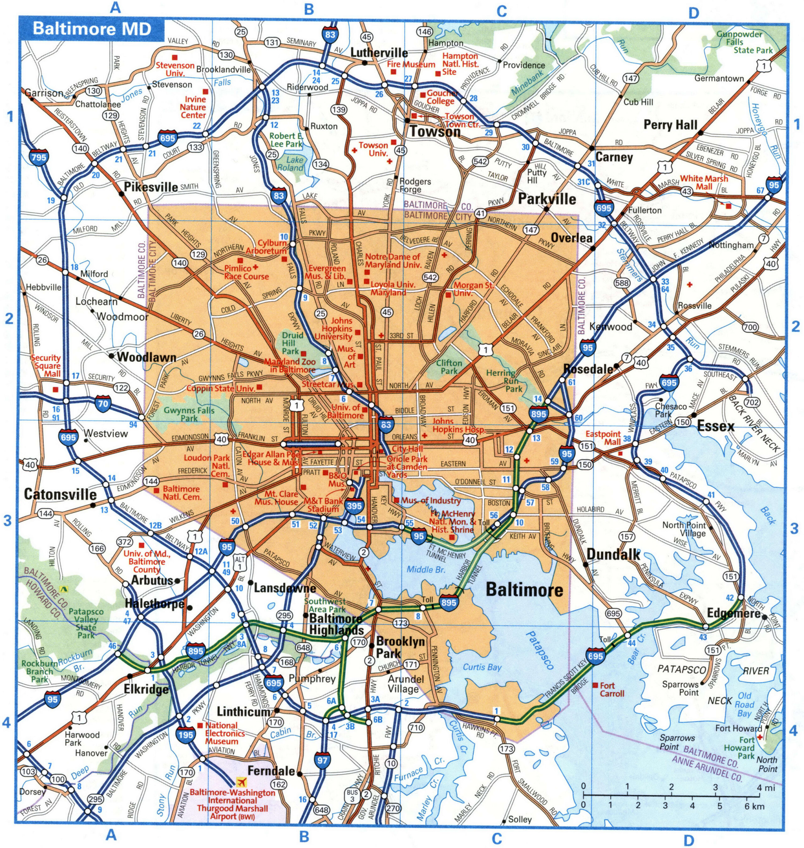 Baltimore MD tourist map with points of interest