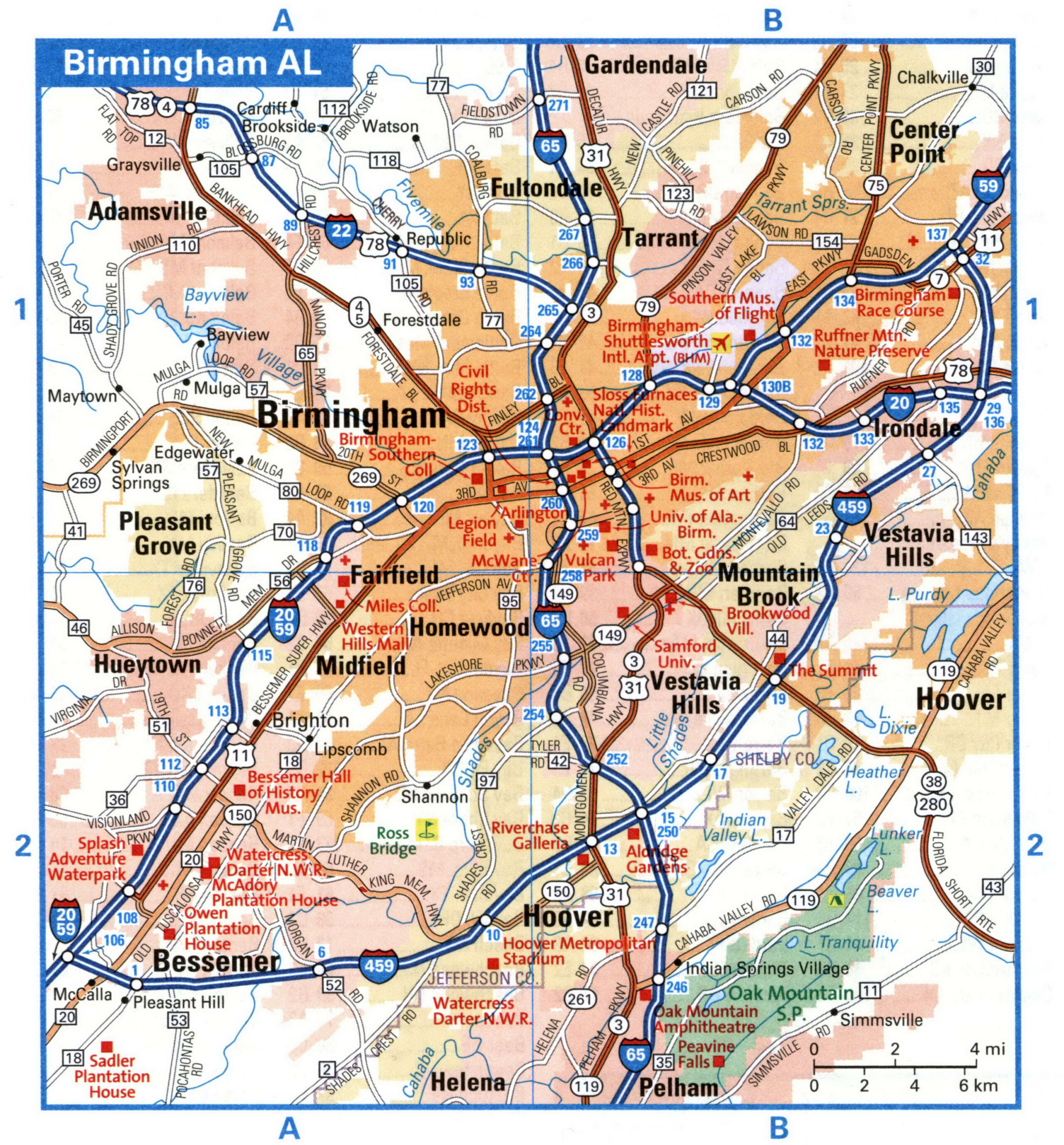 Tourist map of the highways in the vicinity of Birmingham, Alabama, with attractions and road numbers