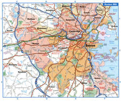 A tourist map of the highways in the Boston area with attractions and road numbers