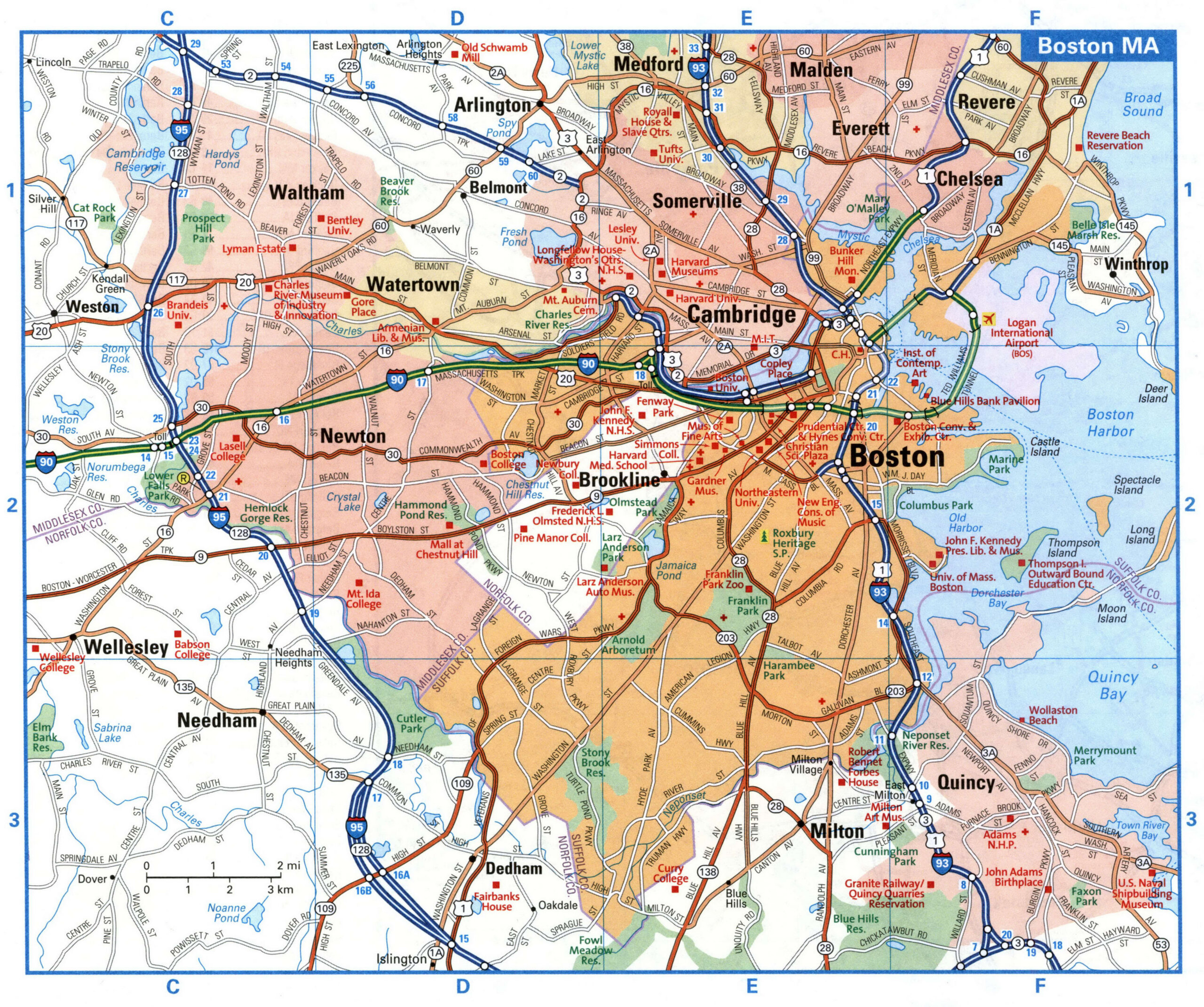 A tourist map of the highways in the Boston area with attractions and road numbers<br />Boston MA tourist map with points of interest