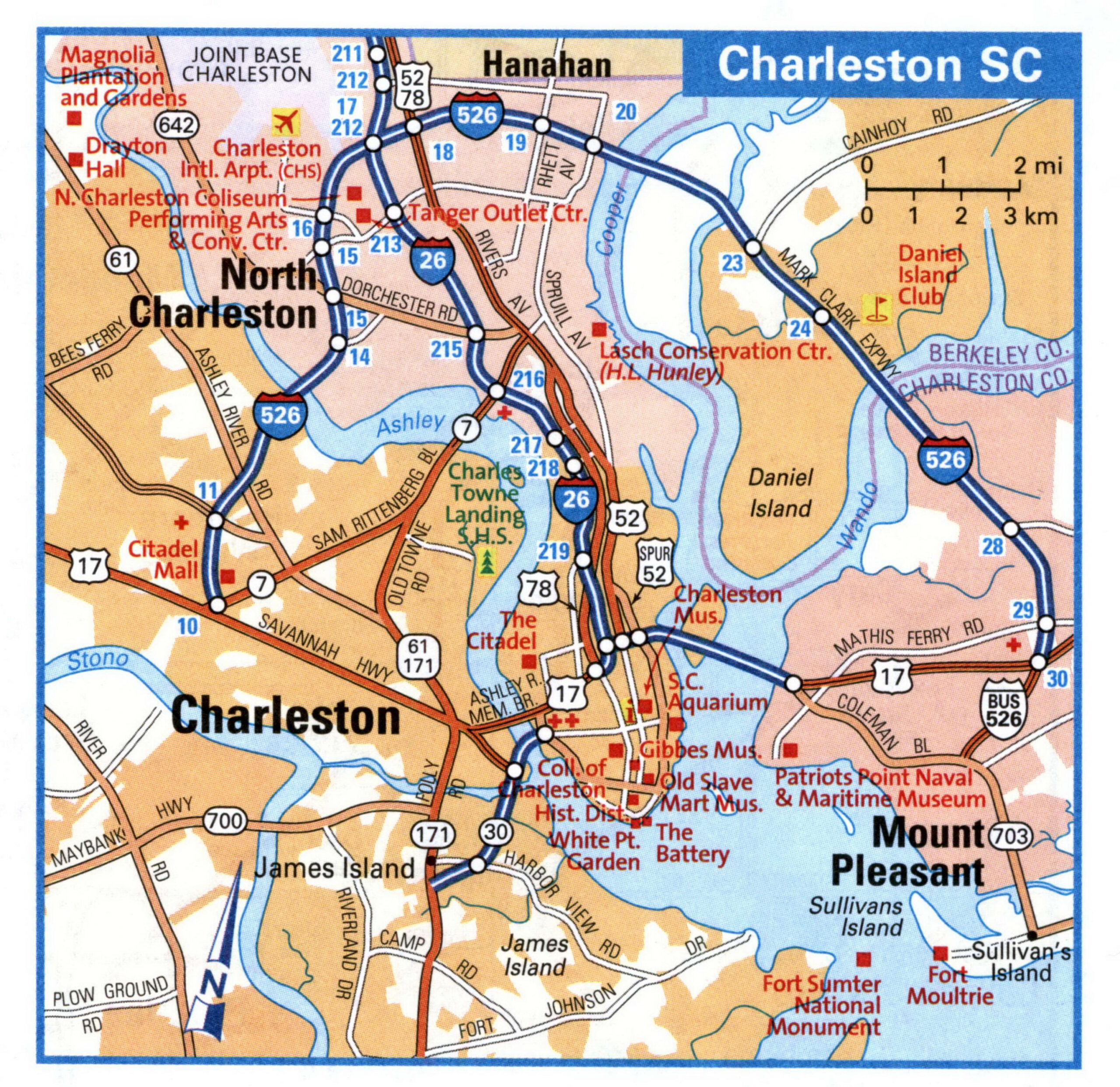 Tourist map of Charleston and its surrounding highways with attractions<br />Charleston SC tourist map with points of interest