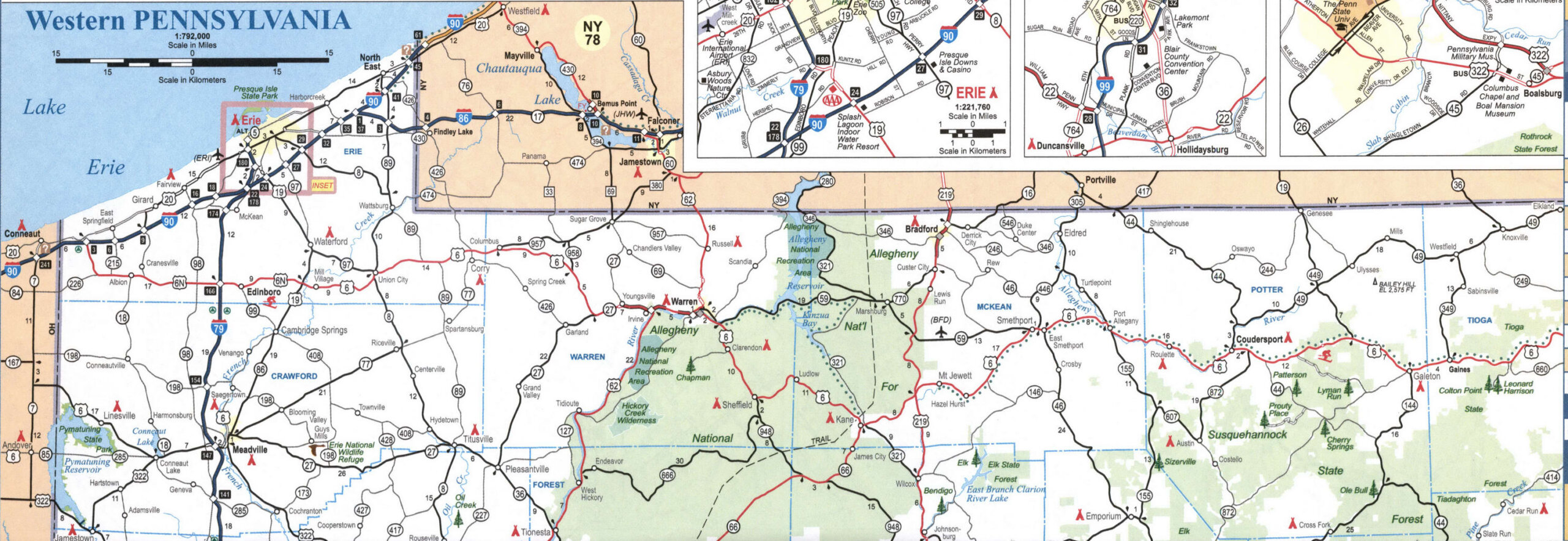 Detailed map of the northwest of the state of Pennsylvania with cities and roads