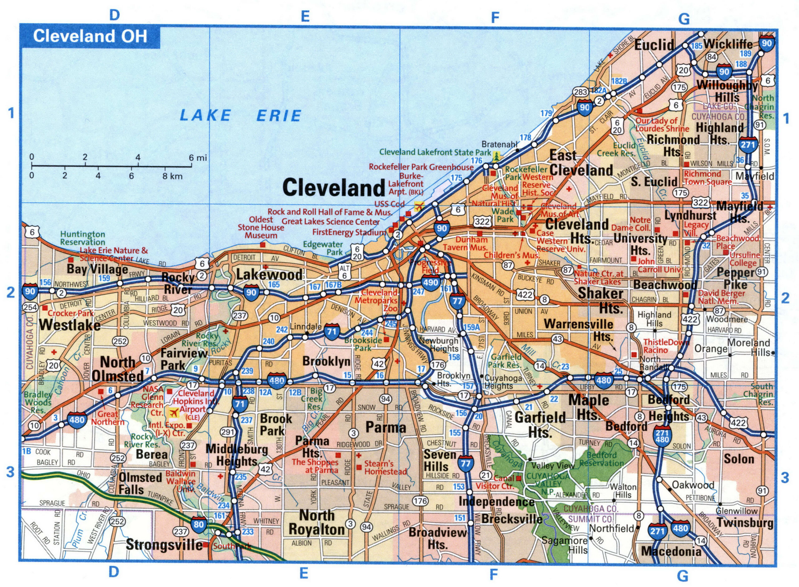 Tourist map of the Cleveland area highways with attractions<br />Cleveland OH tourist map with points of interest