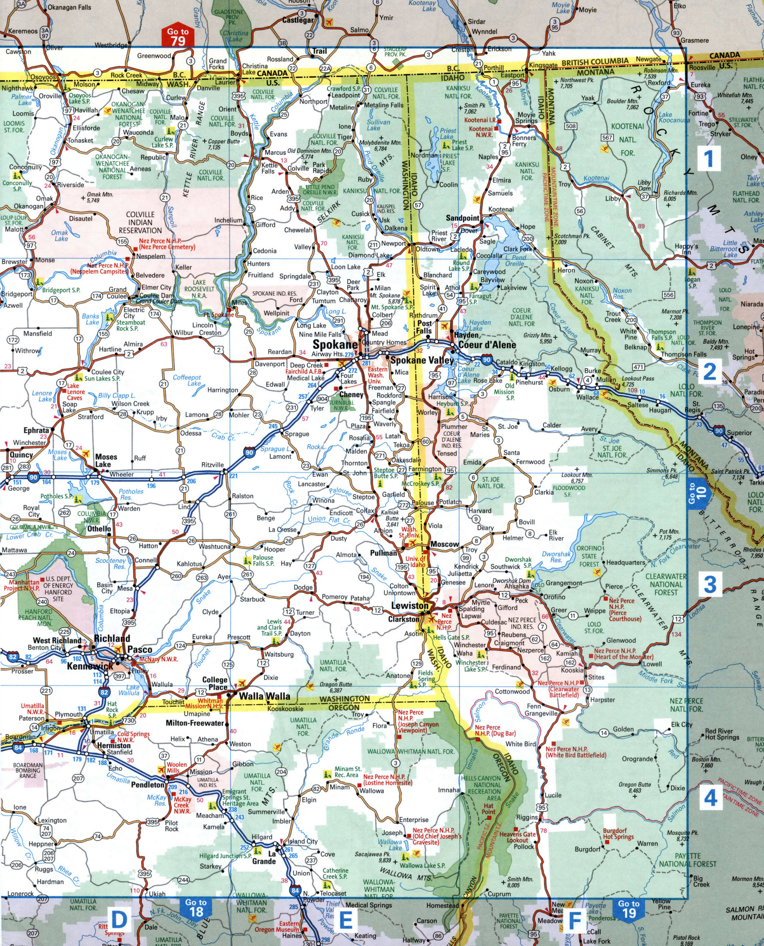 Detailed map of the east of the state of Washington with cities and roads