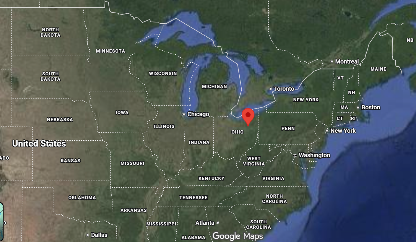 Where is the city of Akron, Ohio, located on the map of the USA?