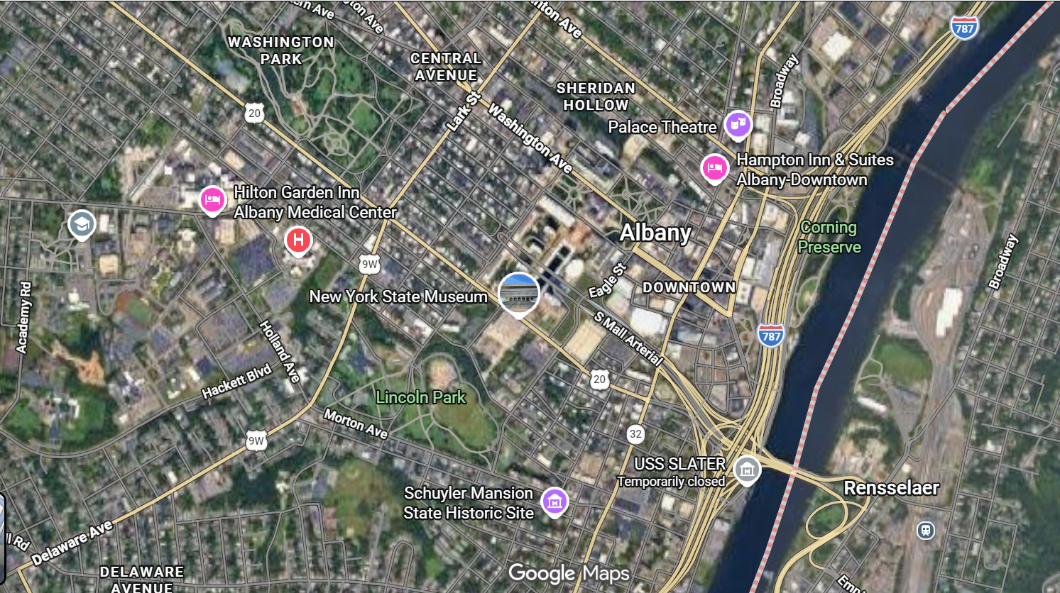 Street map of Albany, New York with points of interest