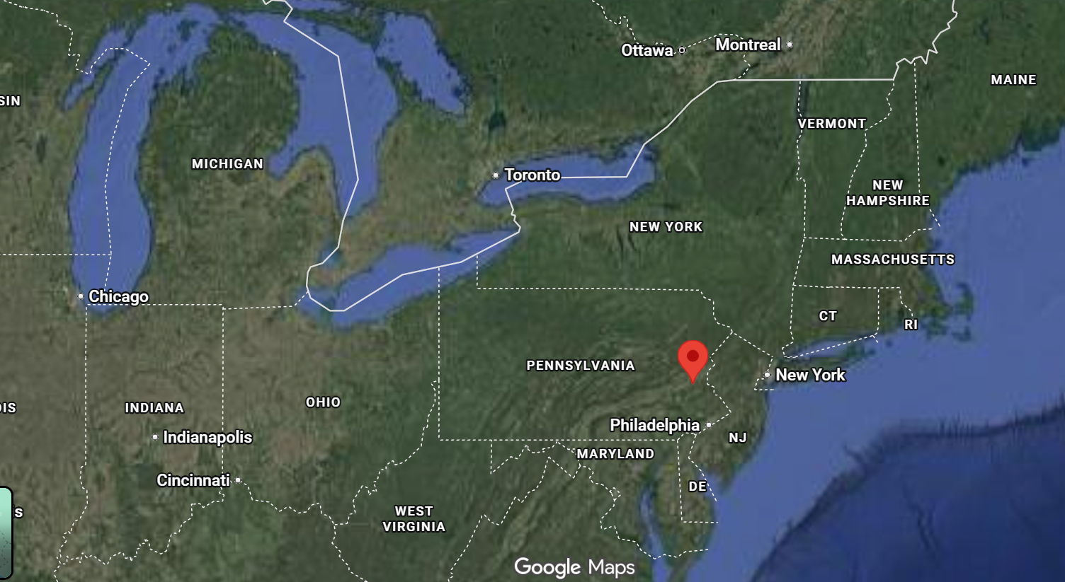 Where is the city of Allentown, Pennsylvania, located on the map of the USA?