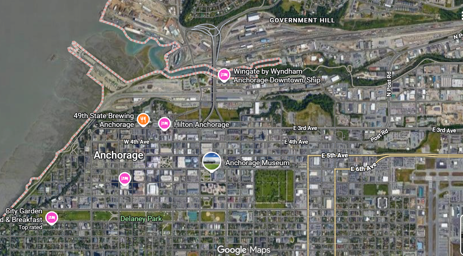 Street map of Anchorage, Alaska with points of interest