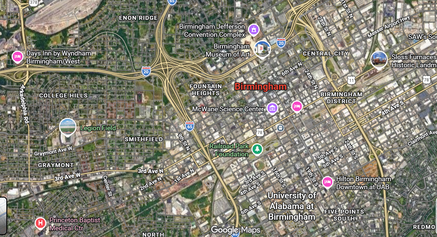 Map of the center of Birmingham (Alabama)