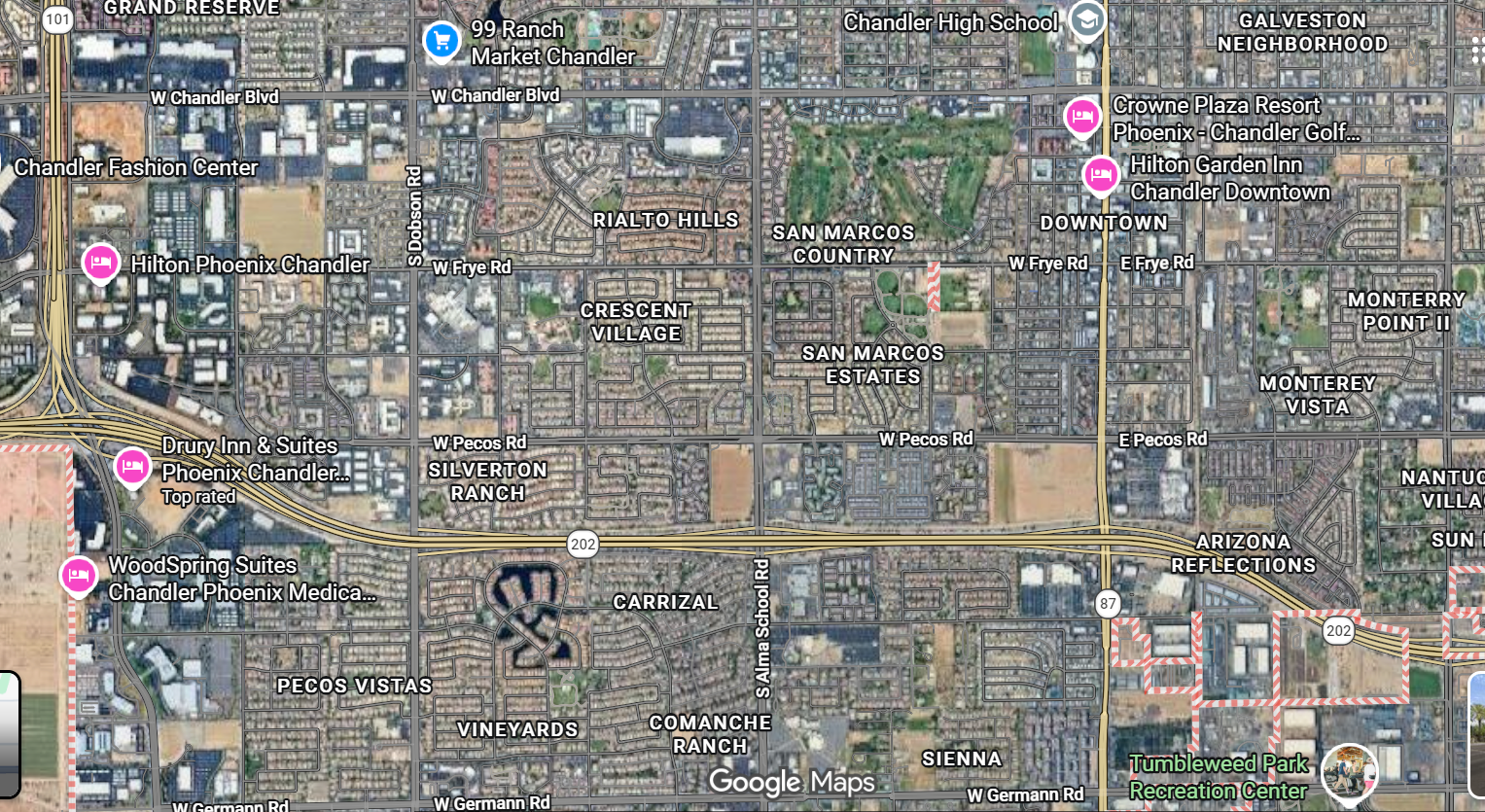 Street map of Chandler, Arizona with points of interest