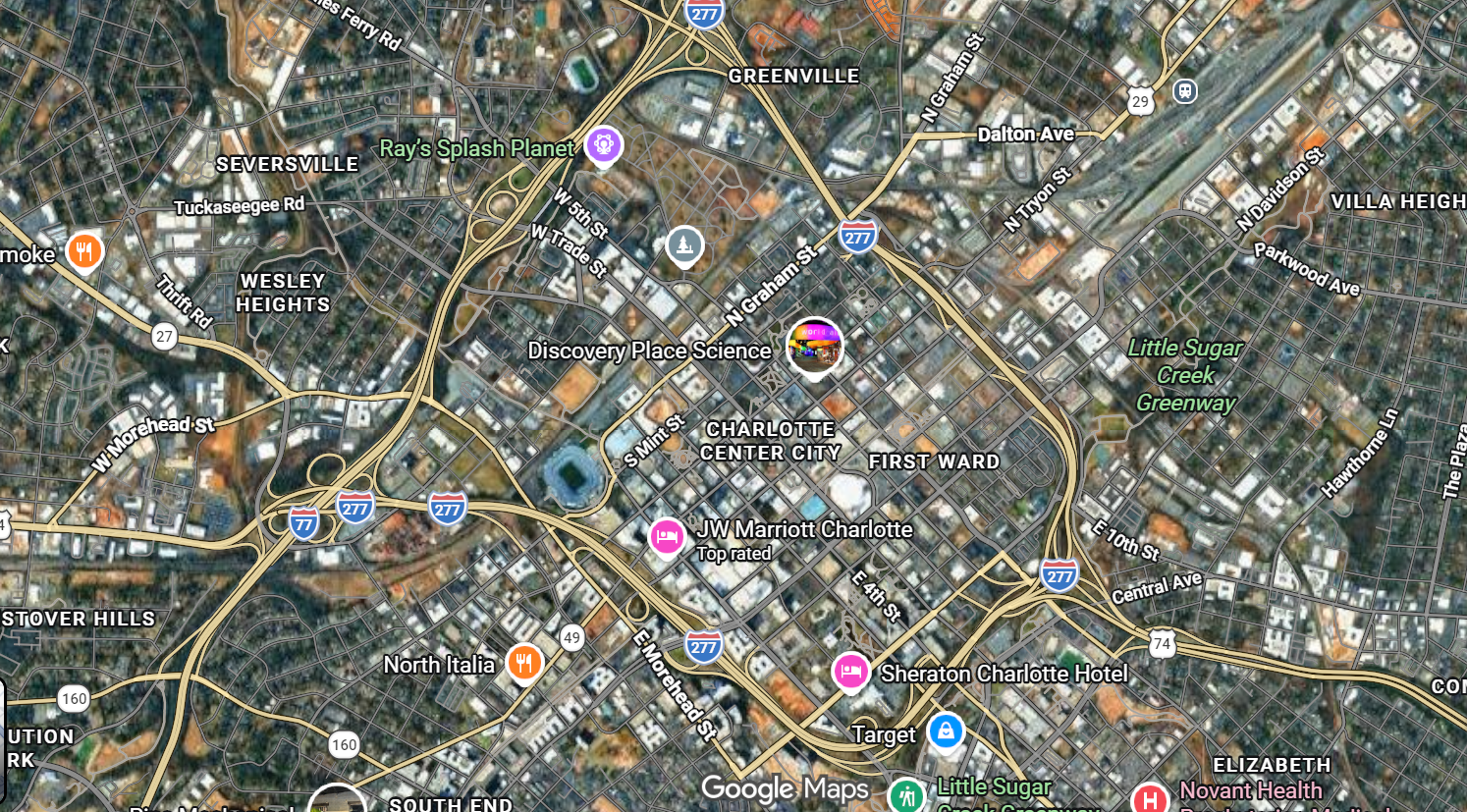 Street map of Charlotte, North Carolina with points of interest