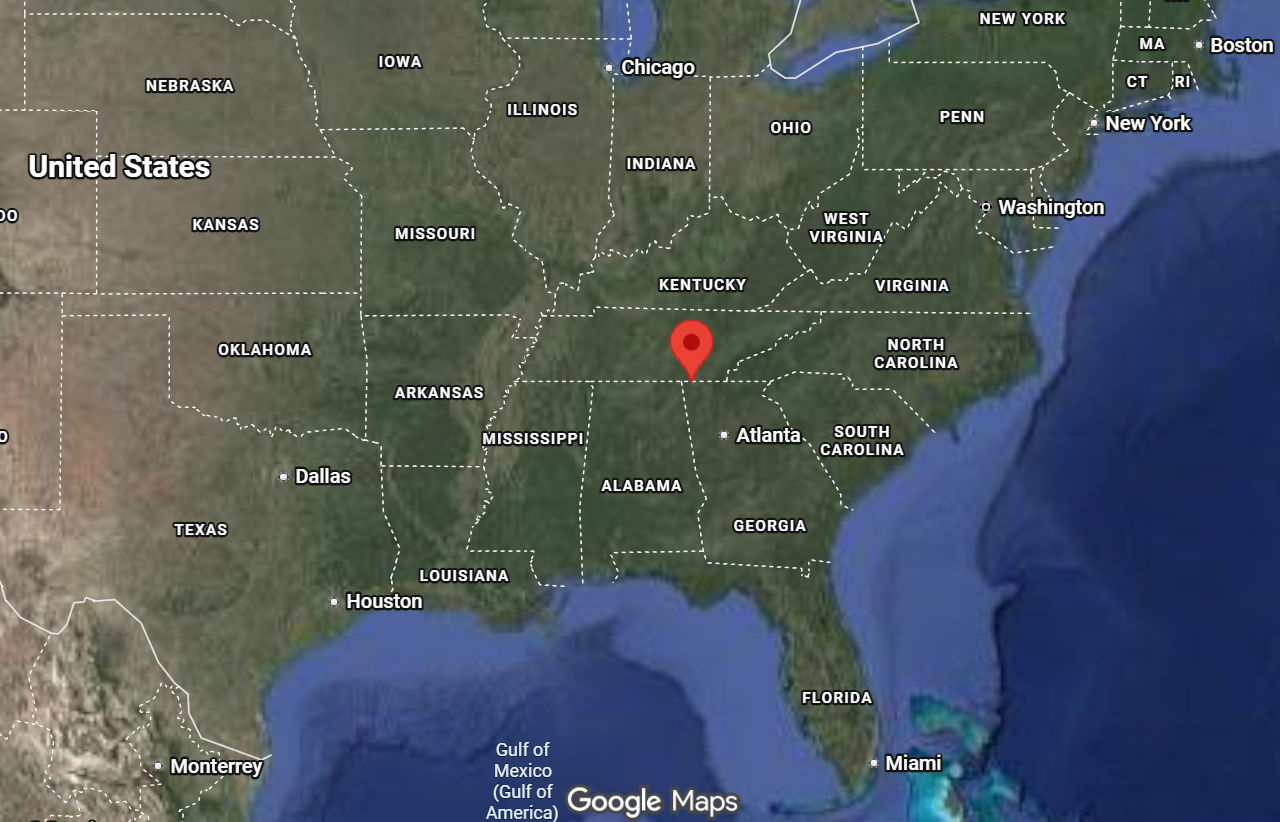 Where is the city of Chattanooga, Tennessee, located on the map of the USA?