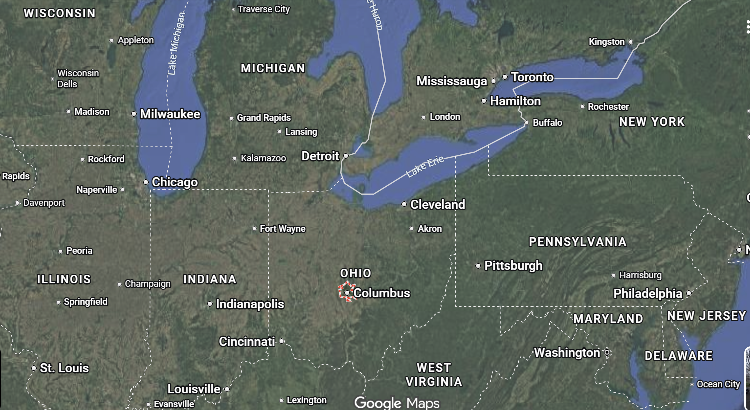 Where is the city of Columbus, Ohio, located on the map of the USA?