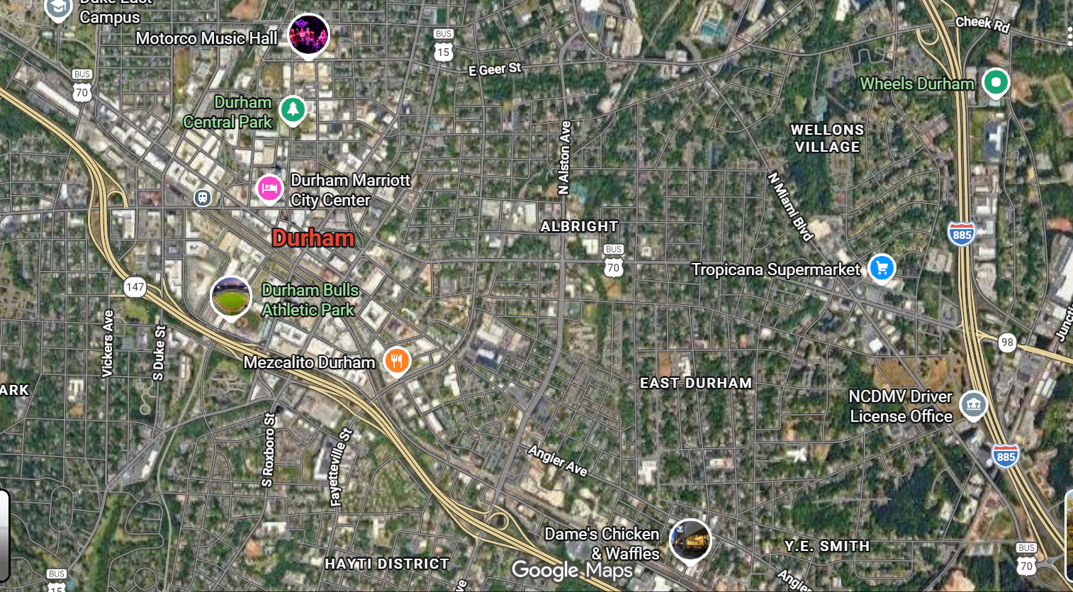 Street map of Durham, North Carolina with points of interest