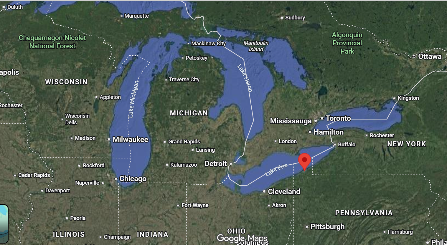 Where is the city of Erie, Pennsylvania, located on the map of the USA?
