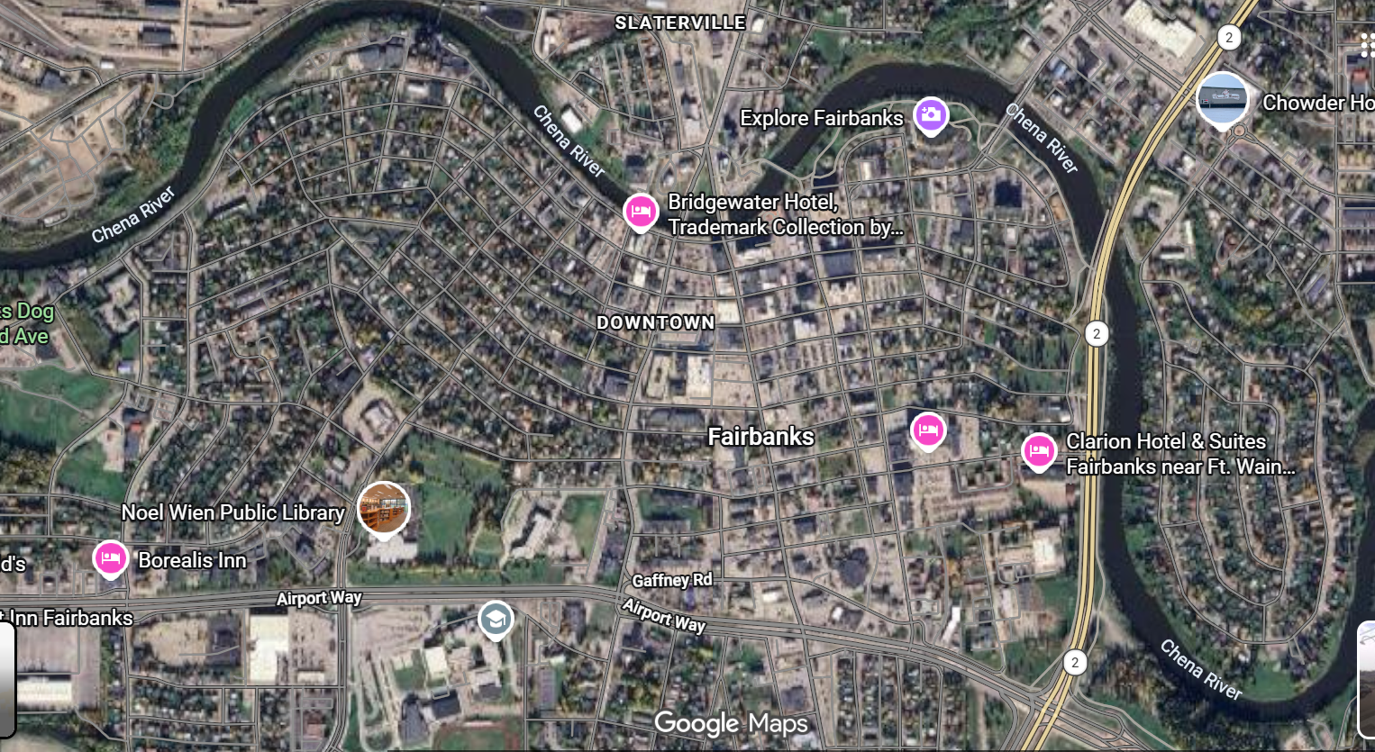 Street map of Fairbanks, Alaska with points of interest