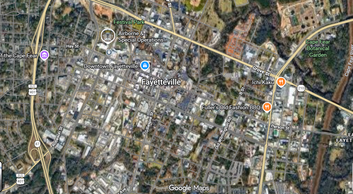 Street map of Fayetteville, North Carolina with points of interest