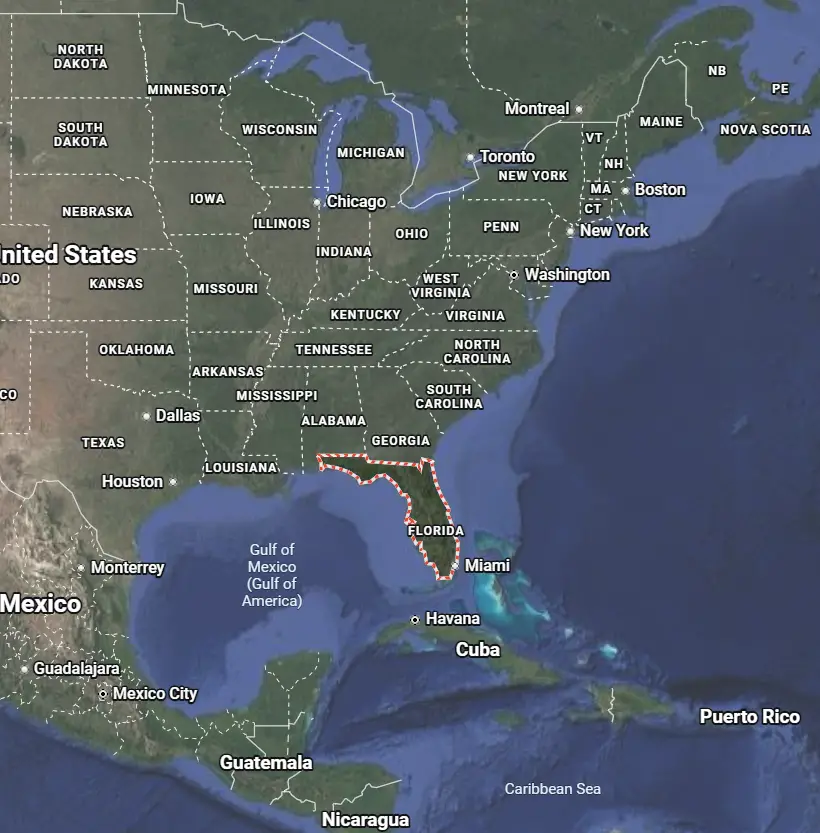 Where is Florida located on the map of America?