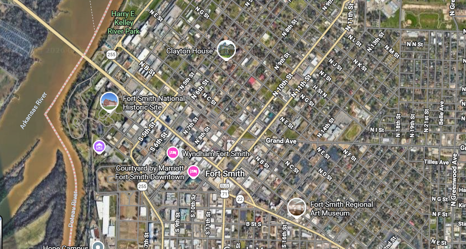 Street map of Fort Smith, Arkansas with points of interest