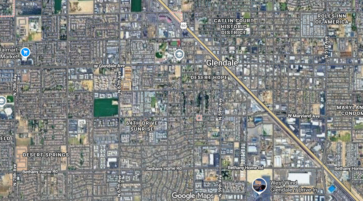 Street map of Glendale, Arizona with points of interest
