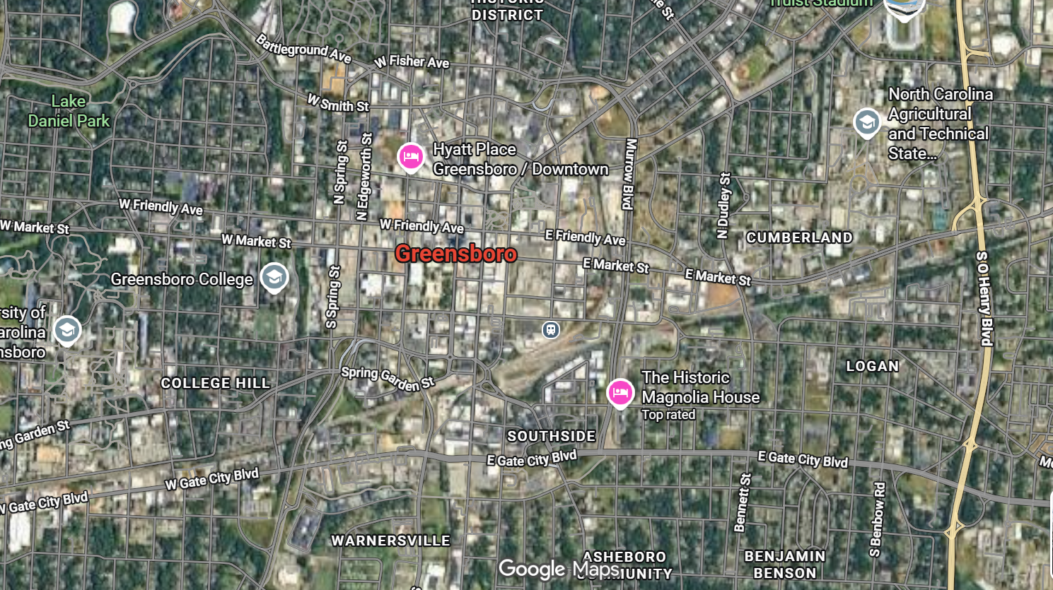 Street map of Greensboro, North Carolina with points of interest