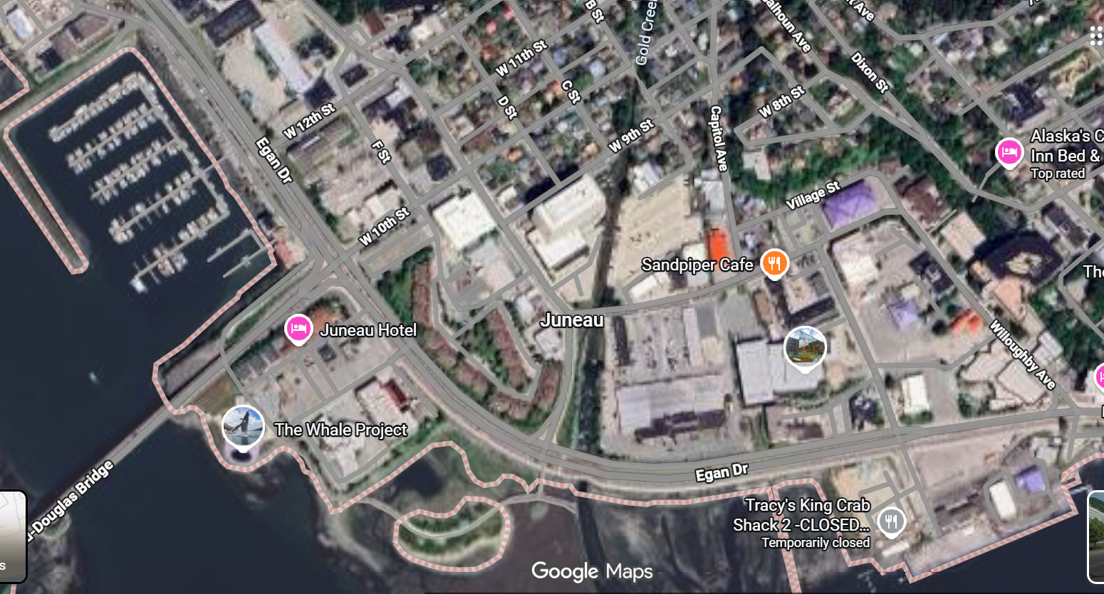 Street map of Juneau, Alaska with points of interest