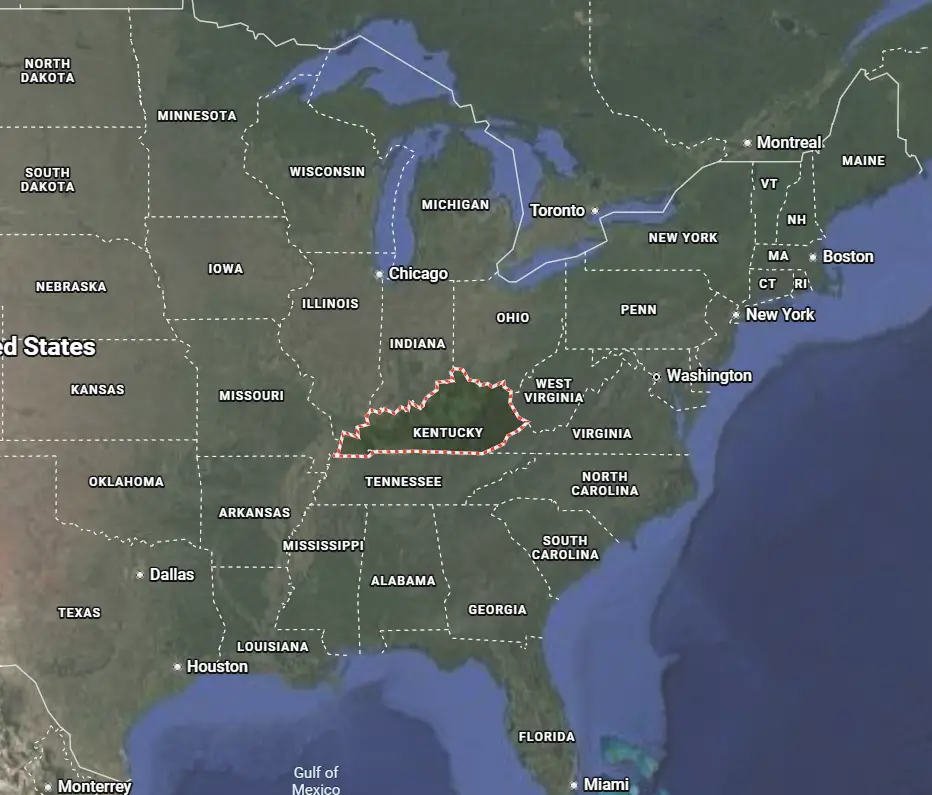 Where is Kentucky located on the map of America?