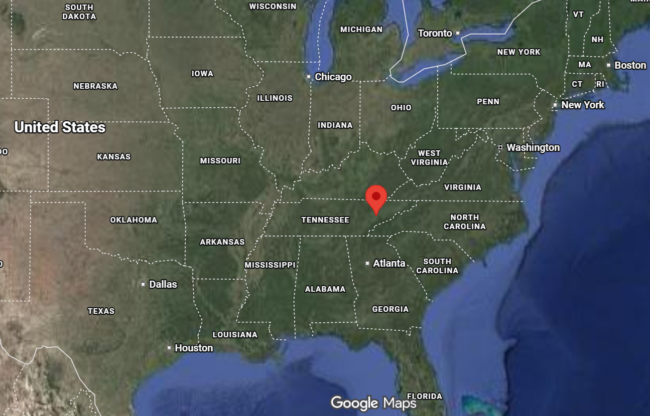 Where is the city of Knoxville, Tennessee, located on the map of the USA?