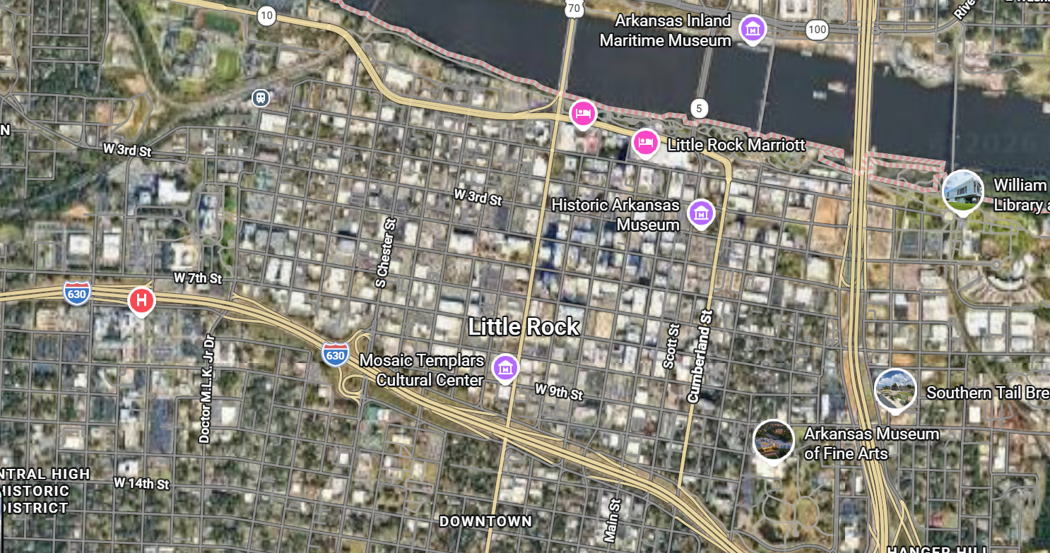 Street map of Little Rock, Arkansas with points of interest