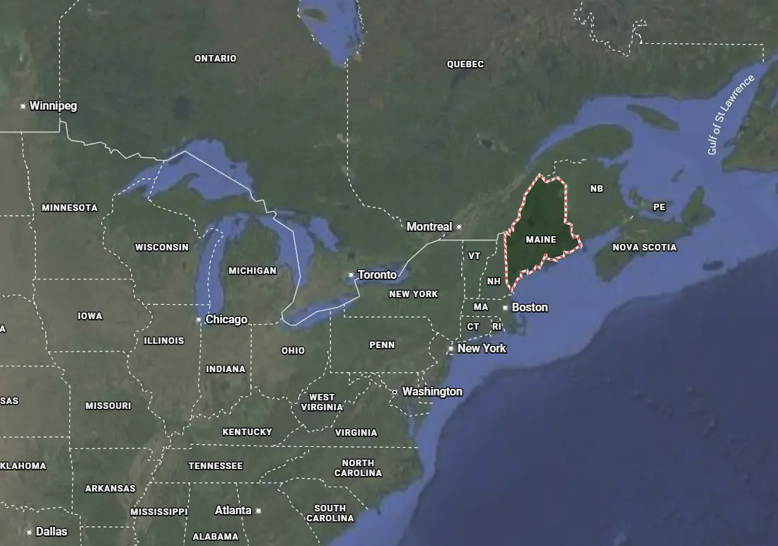Where is Maine located on the map of America?