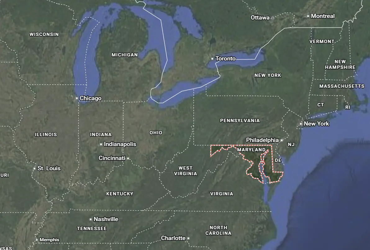 Where is Maryland located on the map of America?
