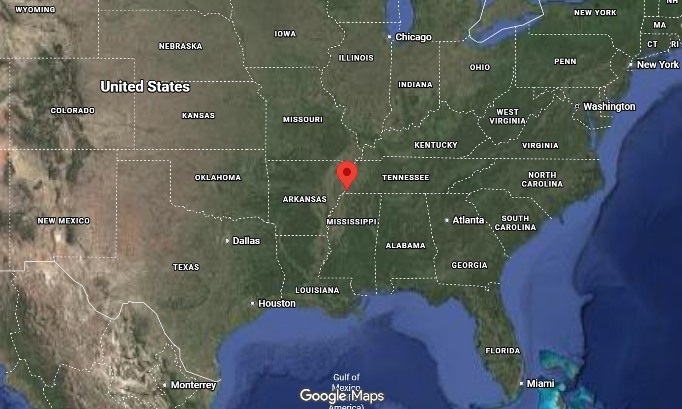 Where is the city of Memphis, Tennessee, located on the map of the USA?