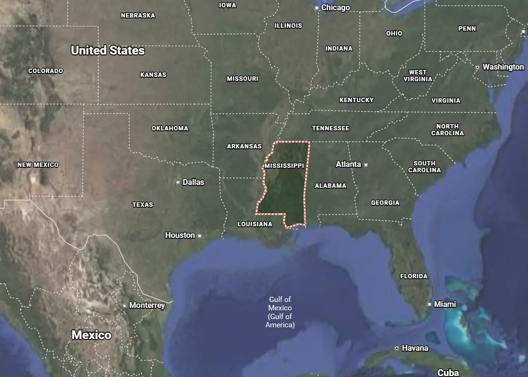 Where is Mississippi located on the map of America?