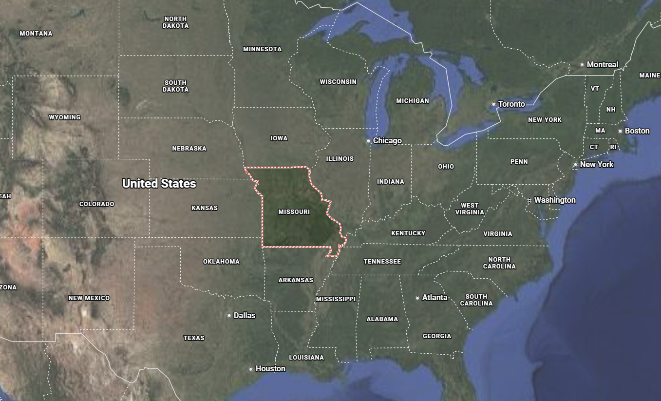 Where is Missouri located on the map of America?