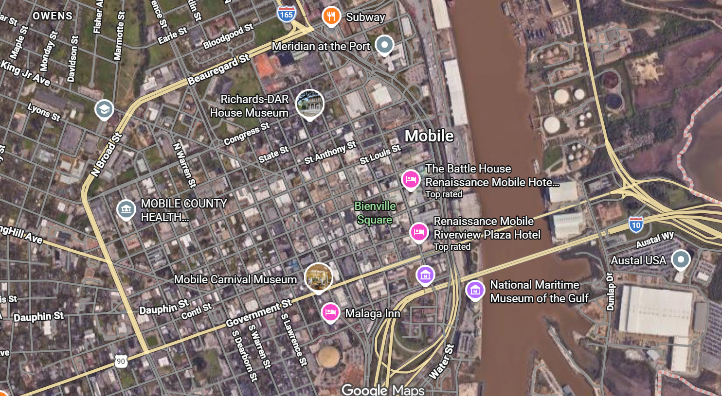 Street map of Mobile, Alabama with points of interest
