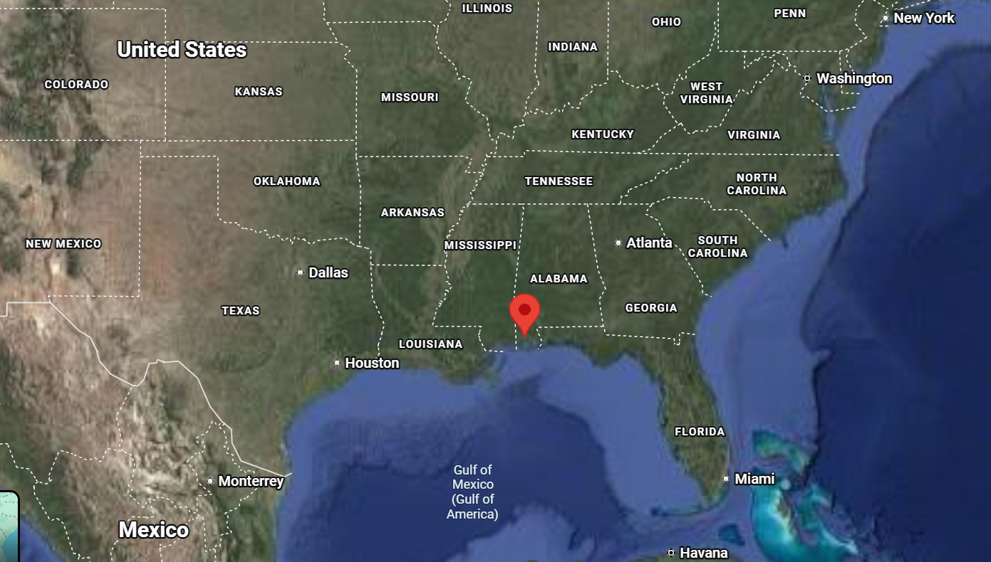 Where is the city of Mobile (Alabama) on the map of America?