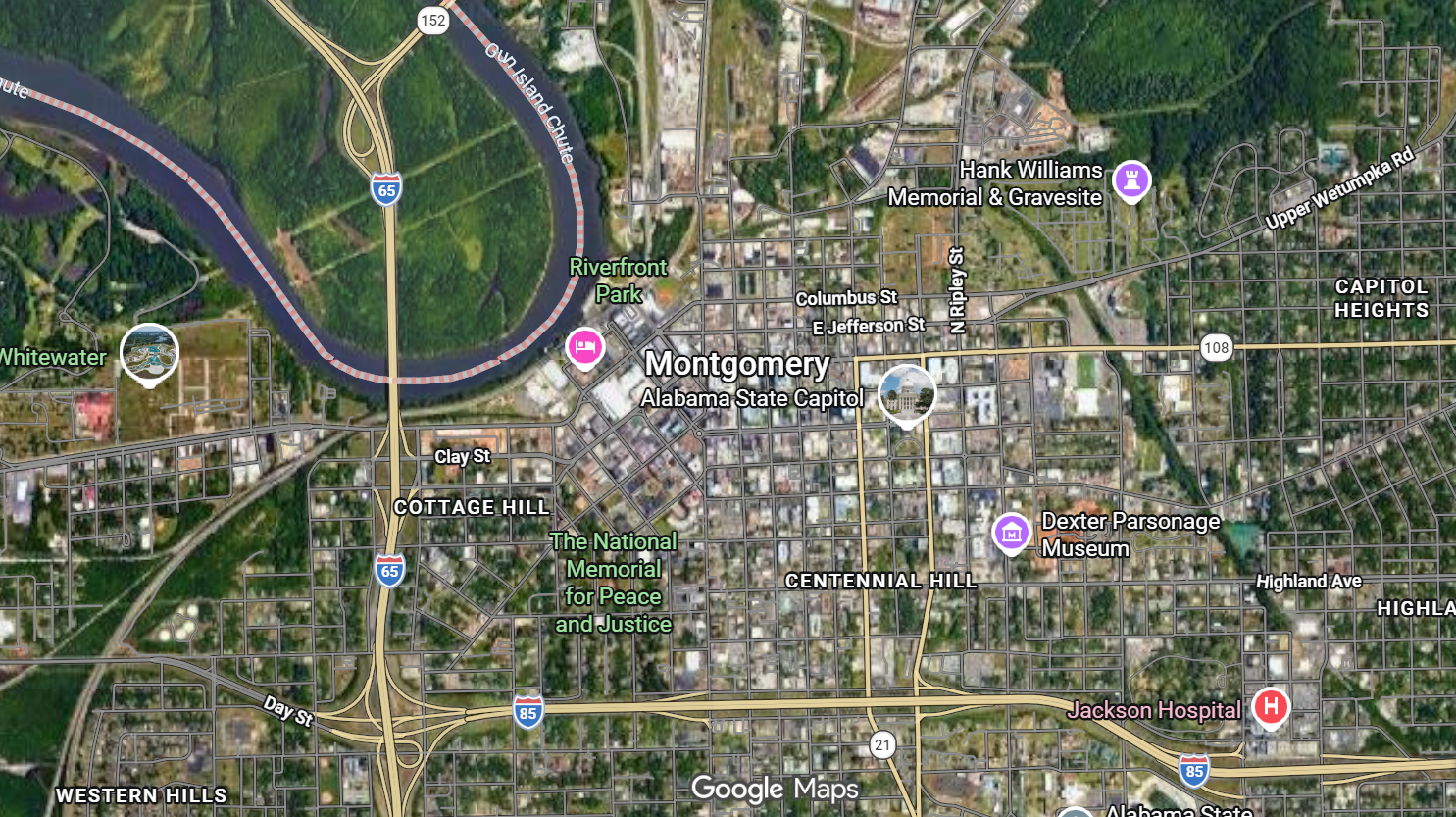 Street map of Montgomery, Alabama with points of interest