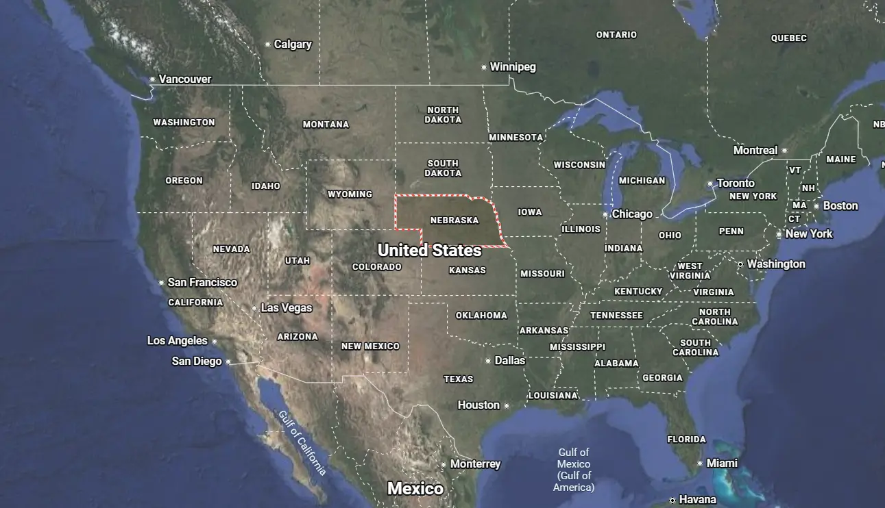 Where is Nebraska located on the map of America?