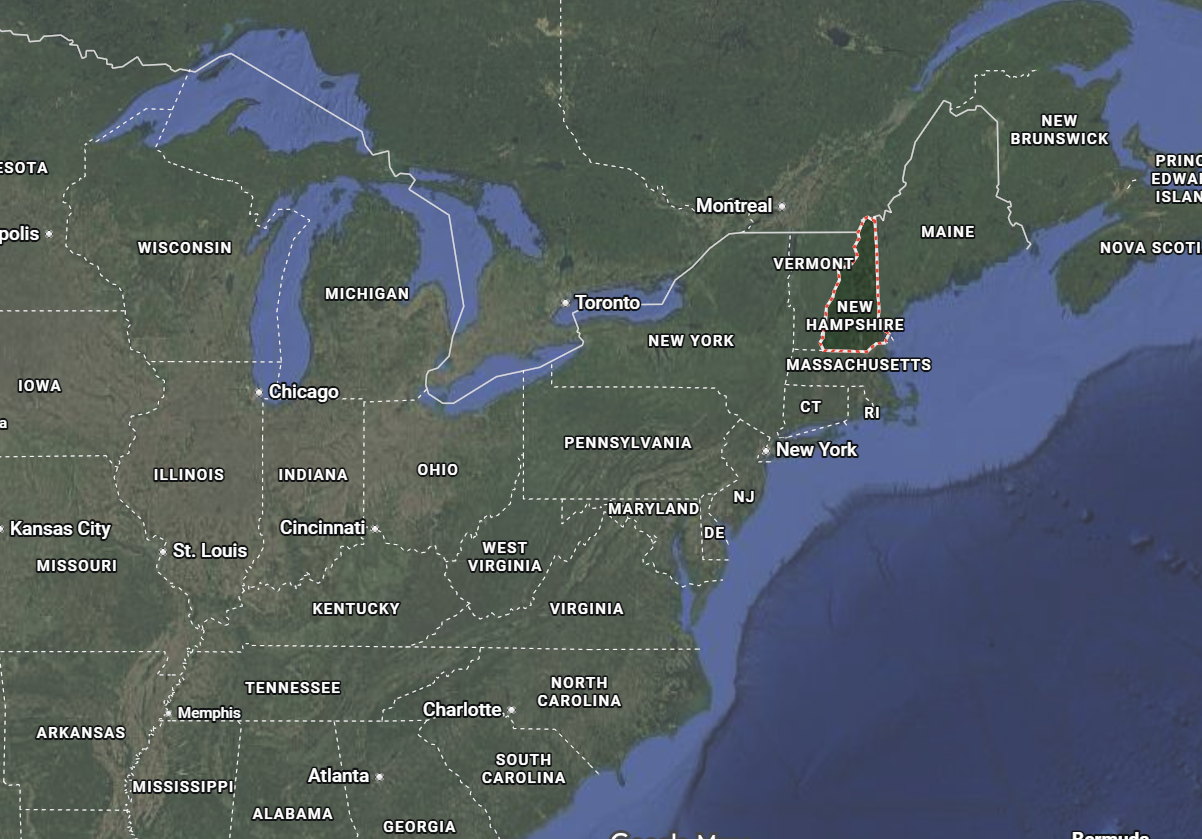 Where is New Hampshire located on the map of America?