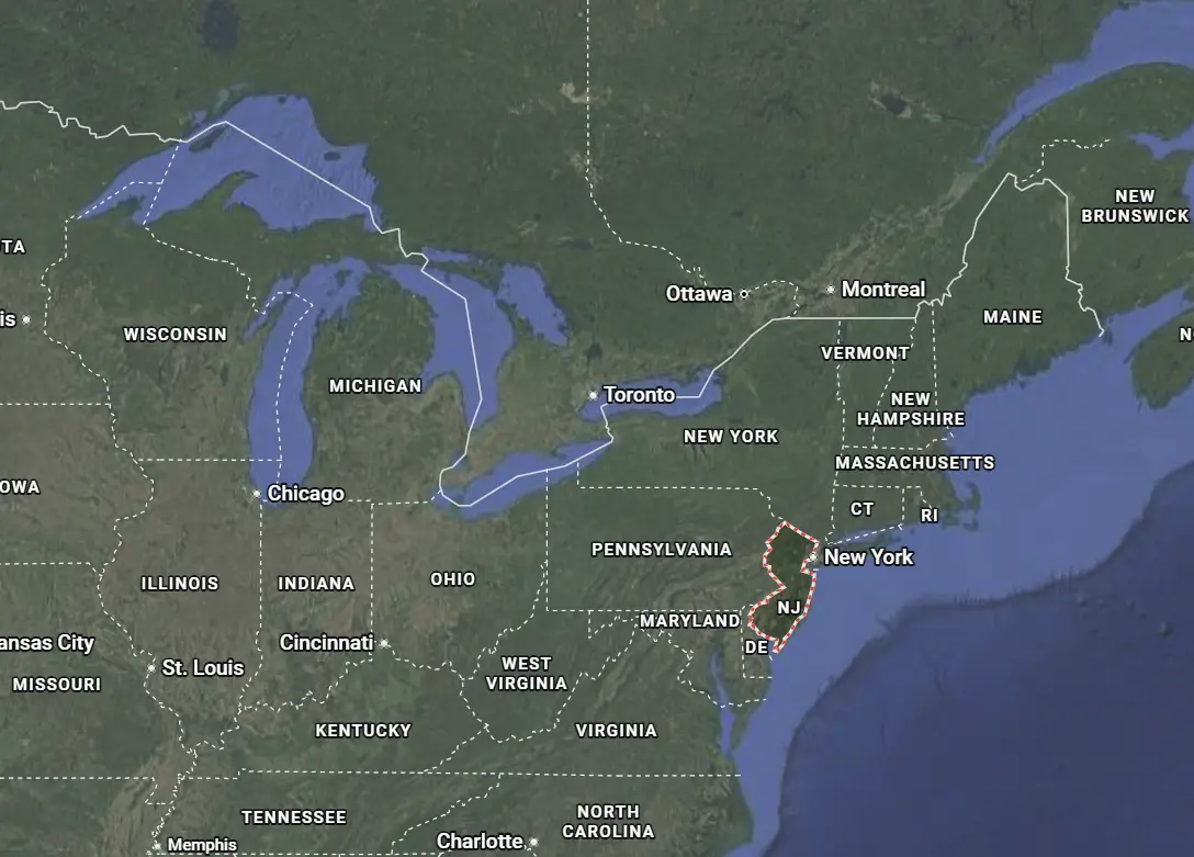 Where is New Jersey located on the map of America?